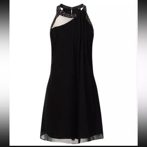 London Dress Company Size 10 Black Sheath Lined Cutouts & Gold Rhinestones